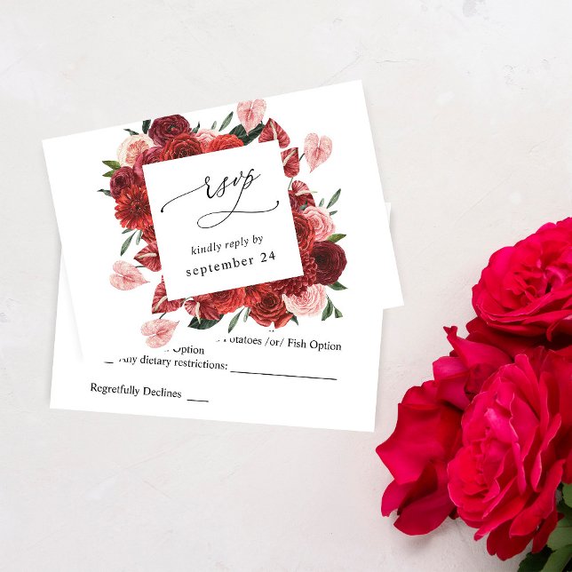Röda blommiga RSVP med måltid OSA Kort (Skapare uppladdad)