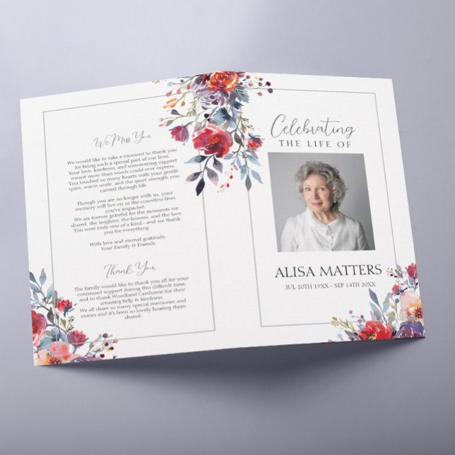 Röda Blommigtens begravningsprogram för att fira l Reklamblad (Skapare uppladdad)