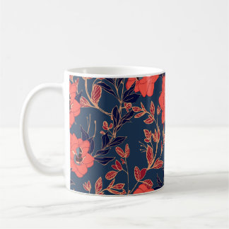 Röda blommor av ro och peonier med löv och p kaffemugg