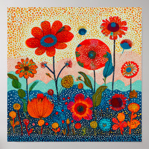 Röda blommor Barn Konst Söt Färgrik Blommig Poster