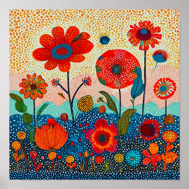 Röda blommor Barn Konst Söt Färgrik Blommig Poster (Framsidan)