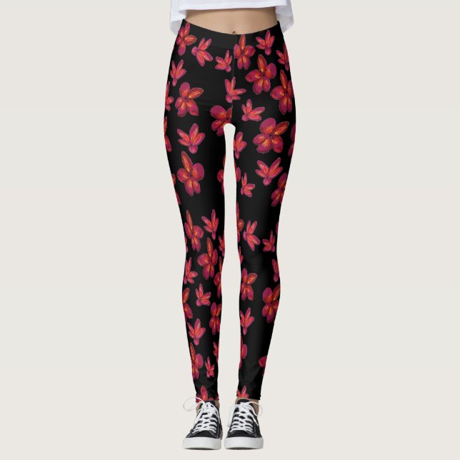 Röda blommor Blommar Leggings (Framsida)