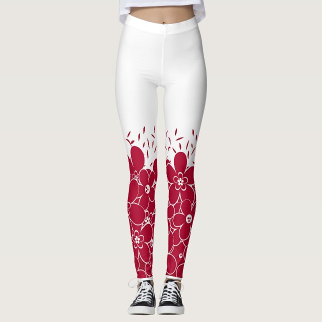 Röda blommor daisy på vit bakgrund leggings (Framsida)