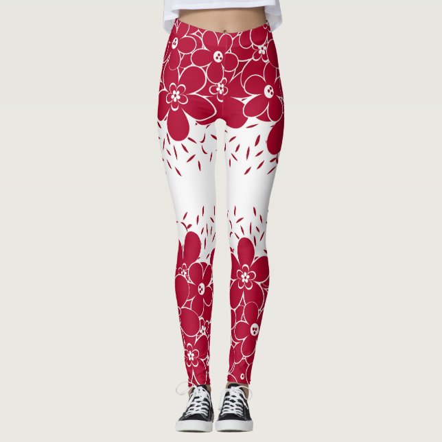 Röda blommor daisy på vit bakgrund leggings (Framsida)