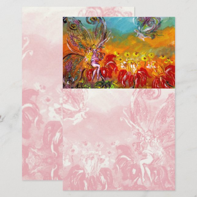 RÖDA BLOMMOR Fantasy Stationery Brevpapper (Fram/baksida)