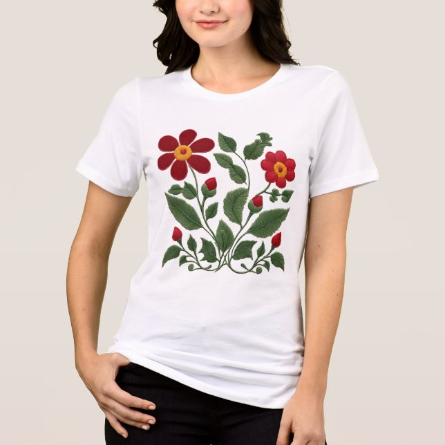 Röda blommor folklig konst t shirt (Framsida)