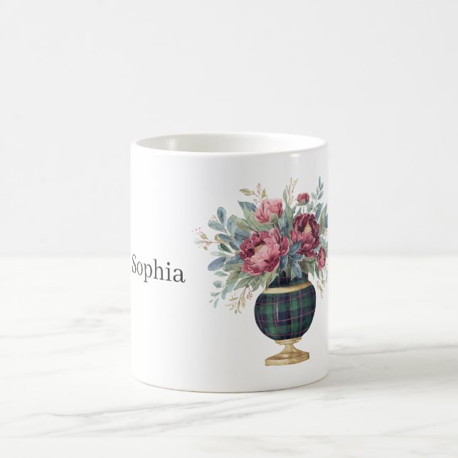 Röda blommor Grön rutig vas Kaffemugg (Center)