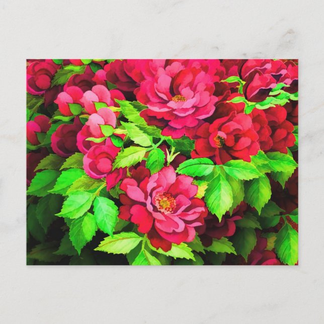 Röda blommor Gröna blad-målning Vykort (Framsida)