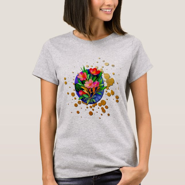 Röda blommor, gröna blad och gyllene bakgrund t shirt (Framsida)
