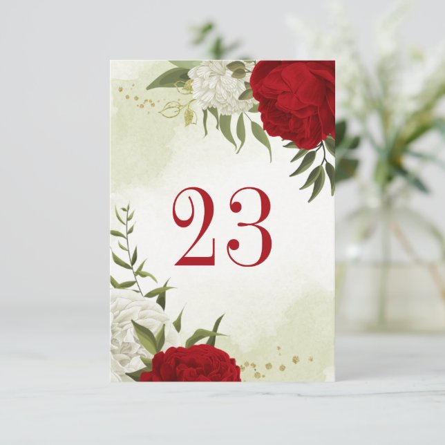 Röda blommor grönt löv bordsnummer Card (Stående Fram)