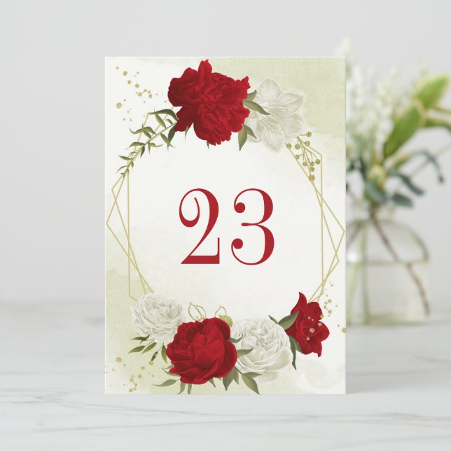 Röda blommor grönt löv bordsnummer Card (Stående Fram)