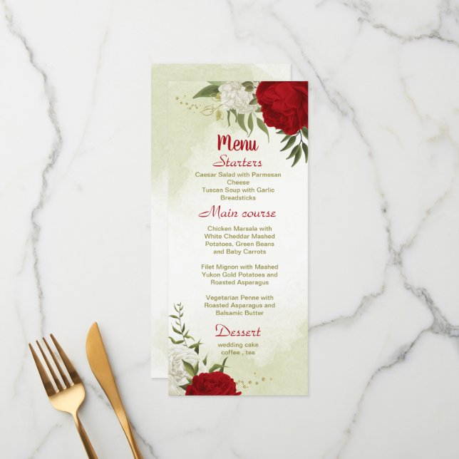 Röda blommor grönt löv bröllop meny (Fram/Back In Situ)
