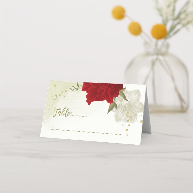 Röda blommor grönt löv bröllop placeringskort (Framsida)