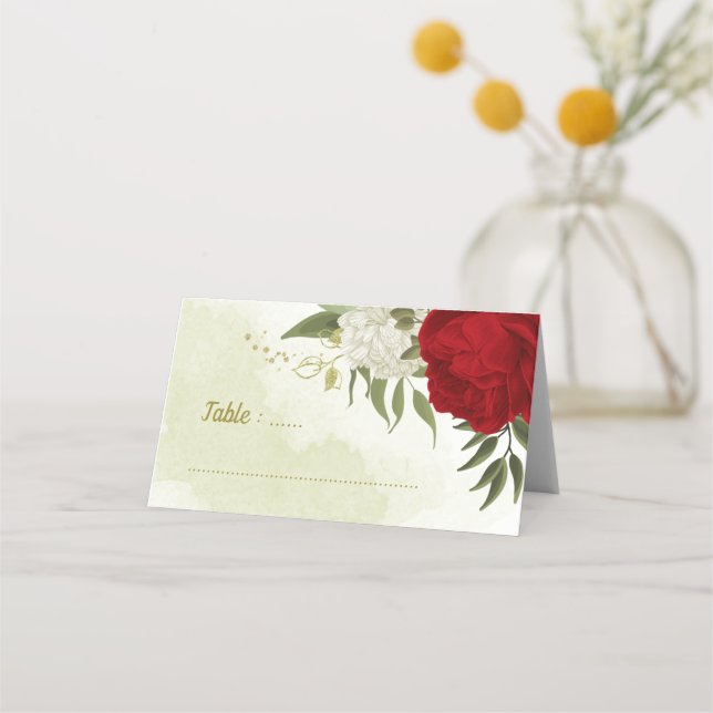 Röda blommor grönt löv bröllop placeringskort (Framsida)