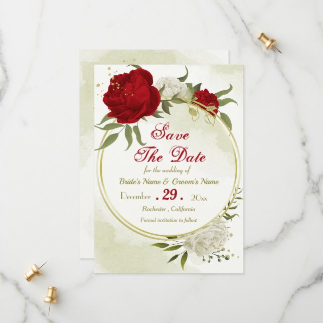 Röda blommor grönt löv spara datumet (Fram/Back In Situ)