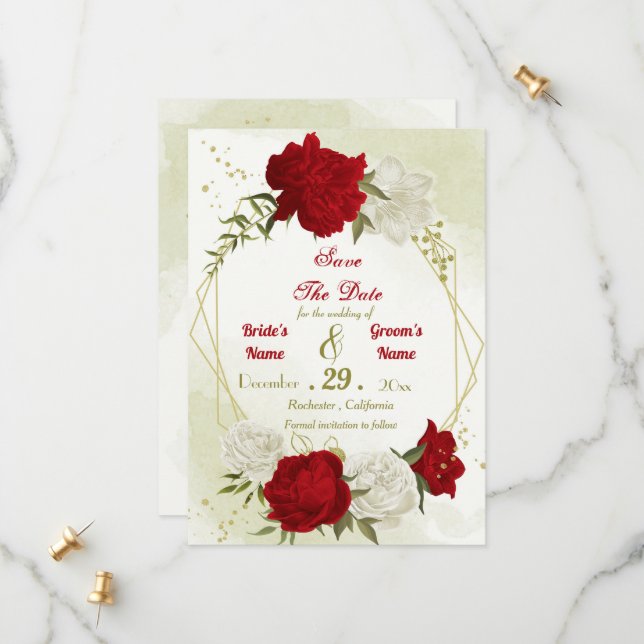 Röda blommor grönt löv spara datumet (Fram/Back In Situ)