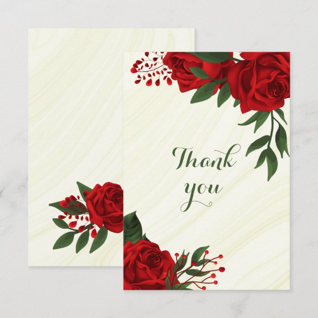 Röda blommor grönt löv tack kort (Fram/baksida)