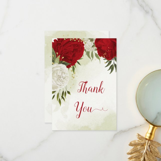 Röda blommor grönt löv tack kort (Fram/Back In Situ)