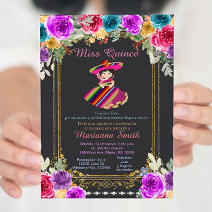 Röda blommor Guld Charro Quinceañera Inbjudningar