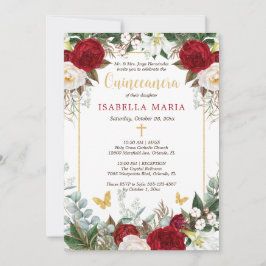 Röda blommor Guld Foil Butterflies Quinceanera Inbjudningar