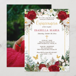 Röda blommor Guld Foil Butterflies Quinceanera Inbjudningar