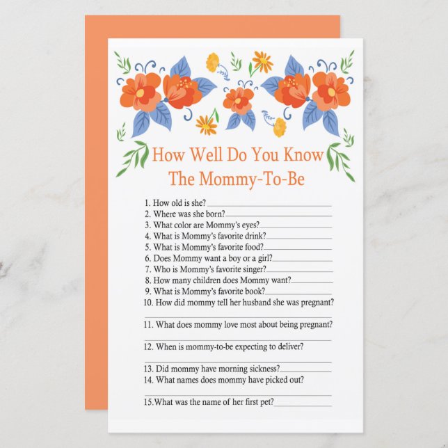 Röda blommor Hur bra vet du om babyduschspel? (Fram/baksida)