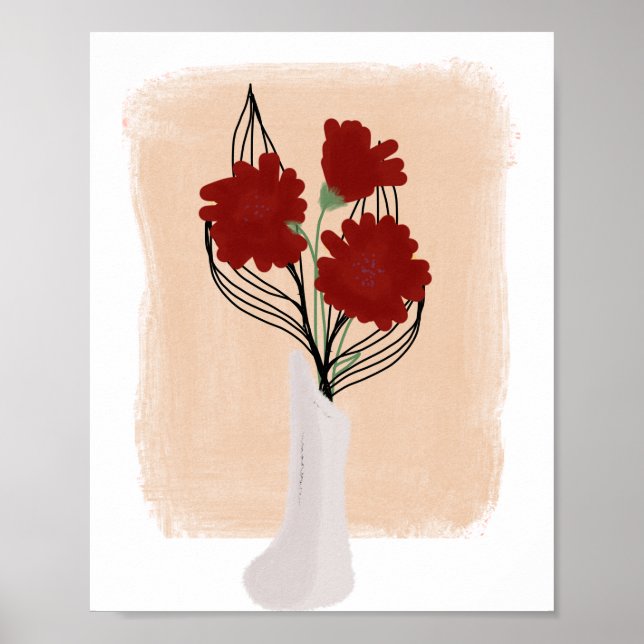 Röda blommor i vas Handritad konst  Poster (Framsidan)