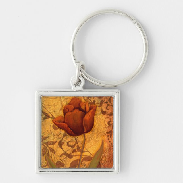 Röda blommor II Fyrkantig Silverfärgad Nyckelring (Framsidan)