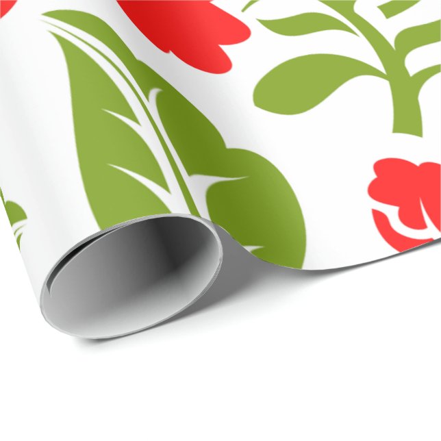 Röda blommor med gröna blad skapar en livfull presentpapper (Rullad Hörn)