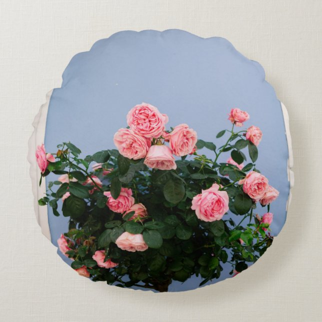 Röda blommor med grönt löv på blå vägg rund kudde (Framsidan)