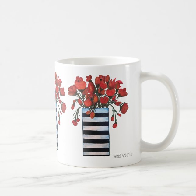 Röda blommor med randig vaskonst kaffemugg (Höger)