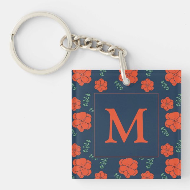 Röda blommor Mörk blått Monogram Mönster (Framsidan)