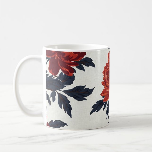 Röda blommor, Mugg-Vintage, blommigt Kaffemugg (Vänster)