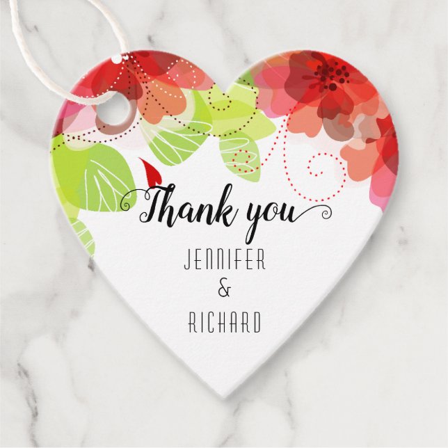 Röda blommor och kalligrafi bröllop Tack Gåvor Etiketter (Framsida)