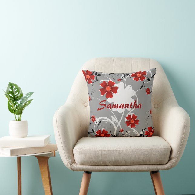 Röda blommor och Silhouette Kudde (Stol)