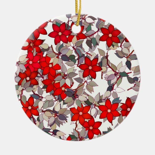 Röda blommor och silver grått löv julgransprydnad keramik (Framsidan)