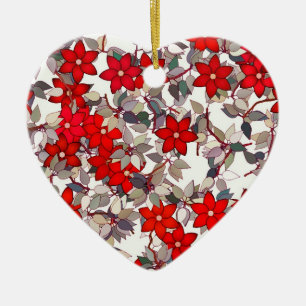 Röda blommor och silver grått löv julgransprydnad keramik