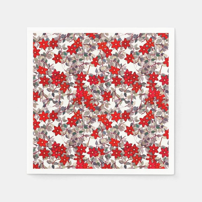 Röda blommor och silver grått löv pappersservett (Framsidan)
