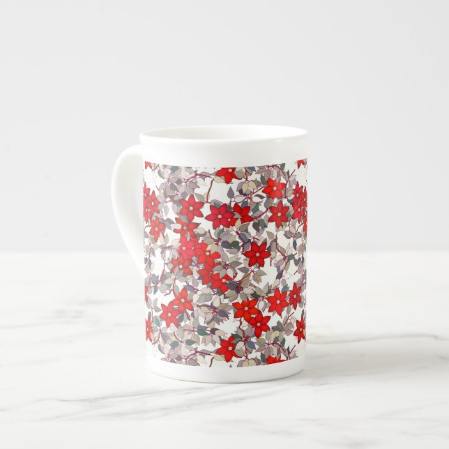 Röda blommor och silvergrå blad benporslin mugg (Framsida vänster)