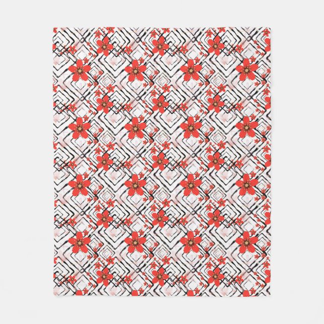 Röda blommor på en vit, svart bakgrund. fleecefilt (Framsidan)