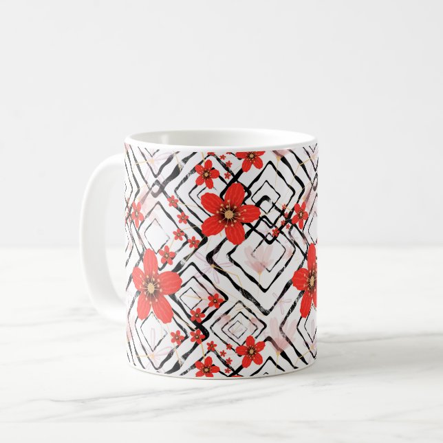 Röda blommor på en vit, svart bakgrund. kaffemugg (Framsida vänster)