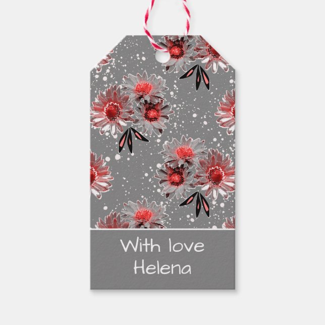 Röda blommor på grått presentetikett (Framsidan)