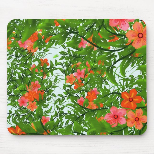 Röda blommor på grön konst musmatta (Framsidan)