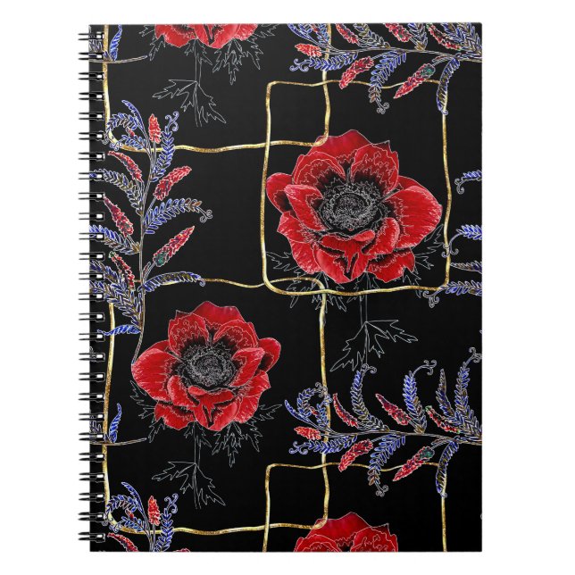 Röda blommor på svart. anteckningsbok (Framsidan)