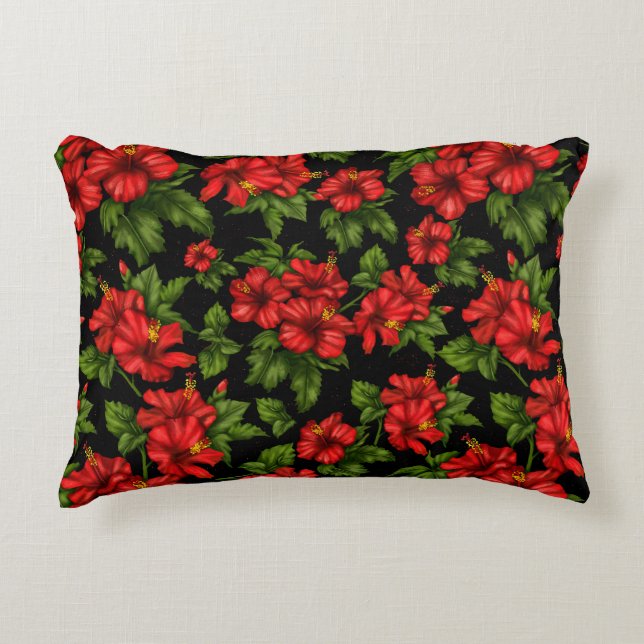 Röda blommor på svart bakgrund prydnadskudde (Framsidan)