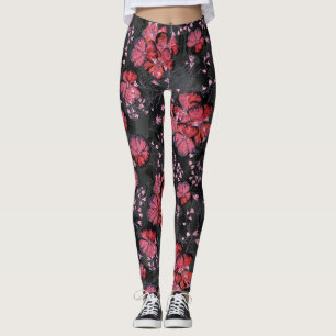 Röda blommor på svart-grått-bakgrund. leggings
