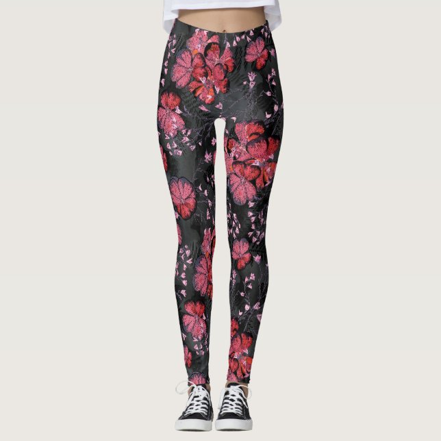Röda blommor på svart-grått-bakgrund. leggings (Framsida)