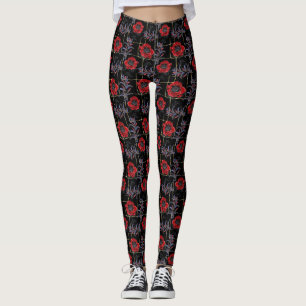 Röda blommor på svart. leggings