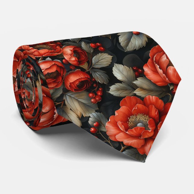 Röda blommor på svart slips (Rullad)