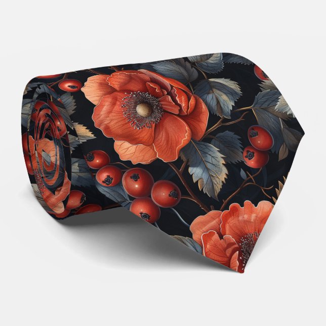 Röda blommor på svart slips (Rullad)